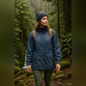 Jacket M Nylon Windbreaker Blue Zip/Snap Front Pockets Drawstring Rain Coat